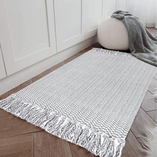 Tiffasea Boho Kitchen Rug 2'x4.3' Machine Washable Reversible Runner Rug with Tassel, Farmhouse Hand Woven Cotton Area Rug Bathroom Rug Indoor Floor Mat for Bedroom Laundry Living Room