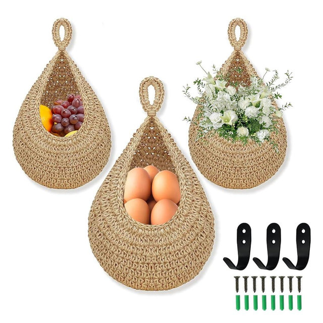 Wishfly Hanging Fruit Basket for Kitchen, 3 Pack Wall Hanging Fruit Baskets with 3 Hooks, Boho Hanging Wall Basket, Hanging Kitchen Baskets for Fruits, Vegetables and Onion Storage