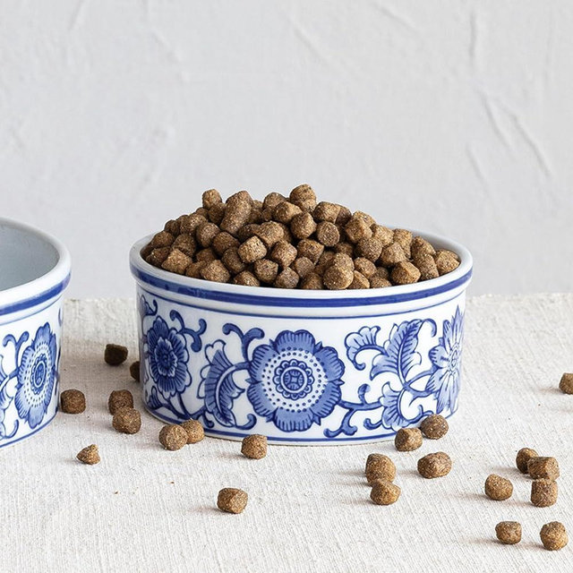 Creative Co-Op, Blue Stoneware Pet Bowl with Design, White, 3-3/4 Cup