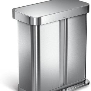 simplehuman 58 Liter / 15.3 Gallon Rectangular Hands-Free Dual Compartment Recycling Kitchen Step Trash Can with Soft-Close Lid, Brushed Stainless Steel