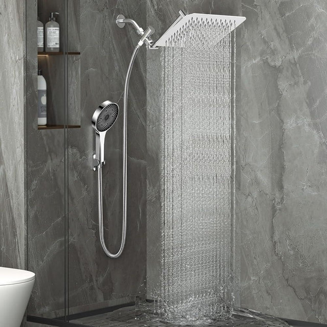 12 Inch Shower Head, Rain Shower Head with Adustable Extension Arm, Detachable Silver Rina Shower Head with Handheld Spray, High Pressure Shower Hose with Holder in Bathroom(Silver)