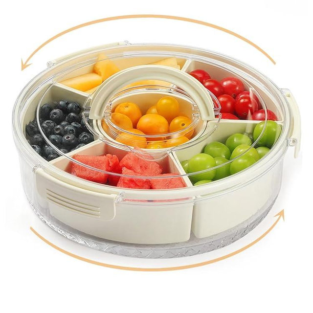SUNBABA Creative Turntable Storage Organizer Rotating Snack Tray Serving Tray with Lid and Handle Snackle Box Container Removable Nut Case Round Dried Fruit Case