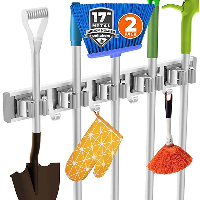 2 Pack Reliahom Broom Holder Mop Hanger Wall Mount Metal Organization Garage Storage System Garden Kitchen Tool Organizer(5 Racks with 4 Hooks, Silver)