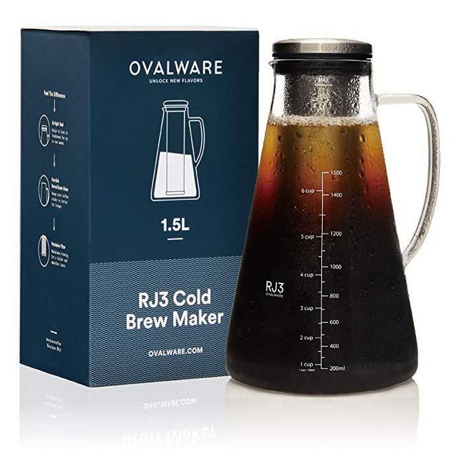 Airtight Cold Brew Iced Coffee Maker (& Iced Tea Maker) with Spout – 1.5L/51oz Ovalware RJ3 Brewing Glass Carafe with Removable Stainless Steel Filter