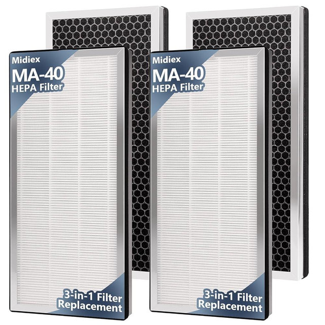 Midiex 4 pcs Air MA-40 Replacement Filter Compatible with Medify MA-40 Air Purifier, 3-in-1 High-Efficiency HEPA and Activated Carbon Pre-Filter for MA40 MA40W MA40B Air Filter Replace, 4Pack