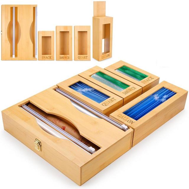 Jchccu Upgraded 7 IN 1 Plastic Wrap Dispenser with Cutter, Ziplock Bag Organizer Storage for Kitchen Drawer Organization, Bamboo Foil and Plastic Wrap Organizer, Storage Bag Organizer for Gallon,Quart,Sandwich,Snack