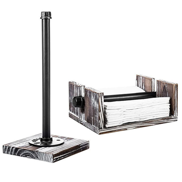 MyGift Kitchen Counter Accessory Set, Torched Wood & Industrial Pipe Design Paper Towel Roll Dispenser & Napkin Holder Tray with Center Bar Weighted Arm