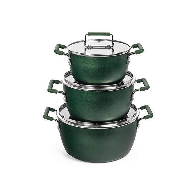Granitestone Stock 6 Piece Multipurpose Stockpot Set, Ultra Nonstick Coating, 100% PFOA Free, 5qt, 3qt & 1.5qt Pots with Tempered Glass Lids, Dishwasher Safe, Green