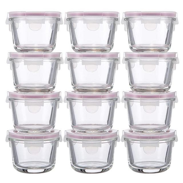 ALEMAR Glass Baby Food Storage Containers with Lids | Set of 12 | 5oz Glass Baby Food Jars | Reusable Small Glass Baby Food Containers | Microwave, Freezer& Dishwasher Safe | For Infants & Babies