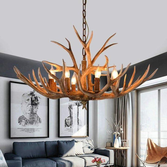 TFCFL Antlers Chandelier, Pendant Light 6 Antlers Retro Country Style Deer Horn Chandelier Lighting with E12 Base, Antler Lamp Height Adjustable for Cafes, Bars, Kitchen