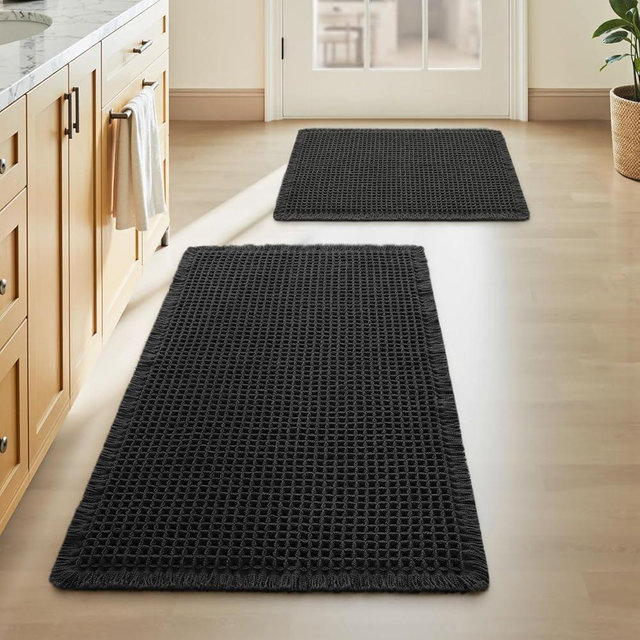 Upgraded Waffle Bath Mat Set of 2, Super Absorbent Non Slip Bath Mats for Bathroom Floor, Washable Boho Bathroom Rugs Set 2 Piece with Tassels, Soft Bathroom Mat Set, 17" x 24" +18" x 30", Black