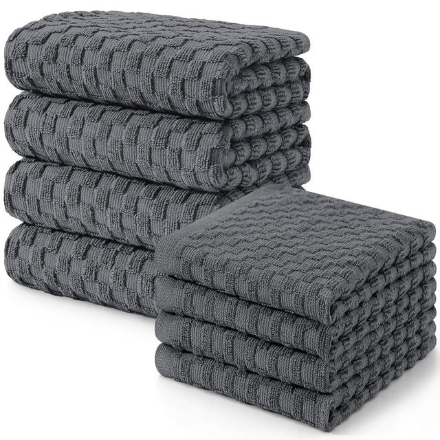 Fintale 100% Cotton Kitchen Towels and Dishcloths Set, 12 x 12 & 15 x 25 Inches, Set of 8 Bulk Super Soft and Absorbent Terry Cloth Dish Towels, Quick Drying Hand Towels with Hanging Loop, Dark Grey