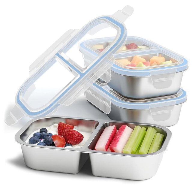 EC-Gaze 3 Pack Stainless Steel Snack Containers, 2 Compartment Reusable Metal Snack Boxes Containers with Leak-Proof Lids, Compact Lunch Box Food Storage Container