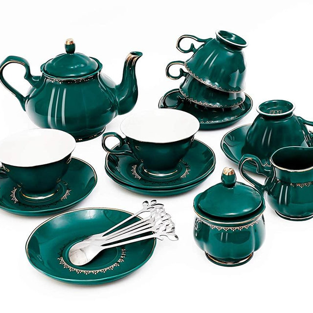 22-Piece Porcelain Ceramic Coffee Tea Gift Sets, Cups& Saucer Service for 6, Teapot, Sugar Bowl, Creamer Pitcher and Teaspoons.