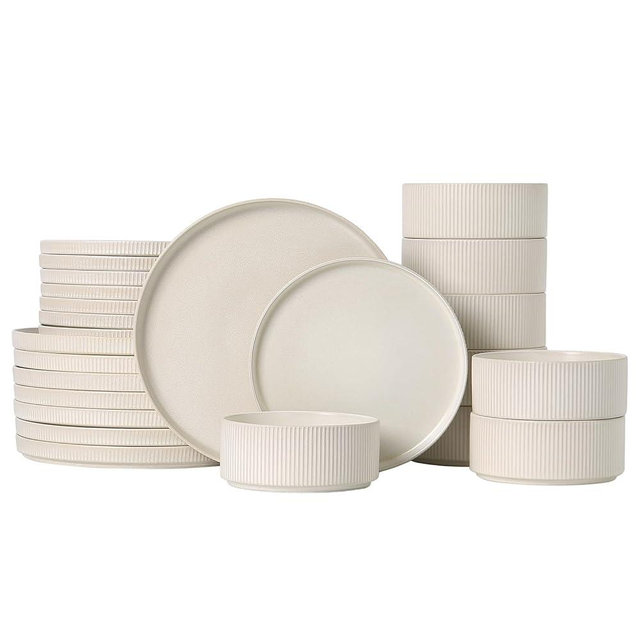 ALOFMO Dinnerware Set Service for 8, 24-Piece Ceramic Plates and Bowls Set, Chip & Scratch Resistant, Microwave and Dishwasher Safe, Modern Minimalist Tableware for Everyday Use, Matte White