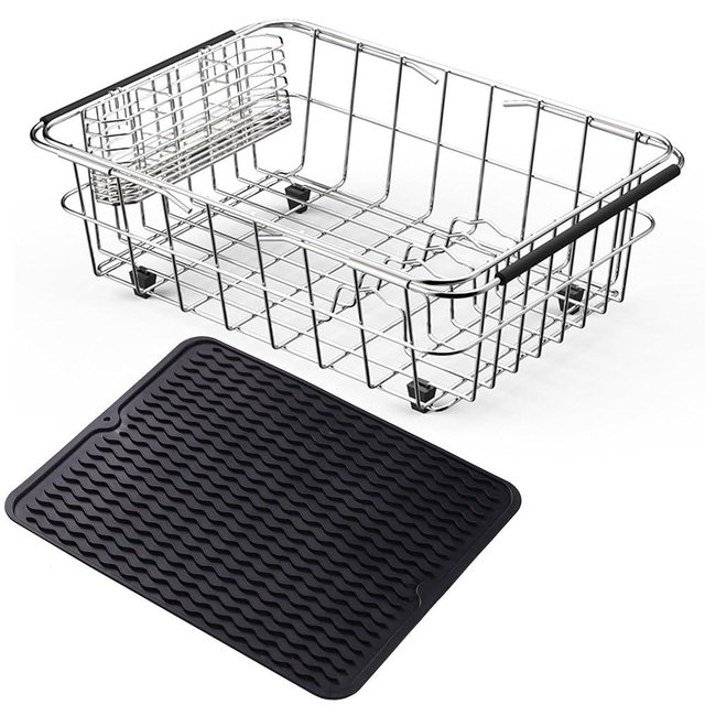 NiuYichee Stainless Steel Dish Drying Rack(15.2"L X 11"W X 5.3"H), Expandable Fruit & Vegetable Drain Rack over Sink, Dish Drainer Rack in Sink, with Stainless Steel Utensil Holder & Silicone Mat(16")