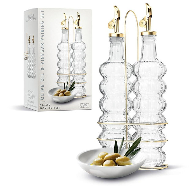 COOK WITH COLOR Glass Olive Oil Bottle Dispenser - 2 Pack- 17oz Oil and Vinegar Cruet - Olive Oil Carafe Decanter for Kitchen, Elegant Waves, Clear