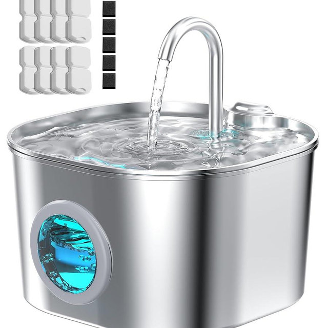 HOOISE Cat Water Fountain with 8 Filters + 5 Sponges,Small Pet Waterer Dispenser Fountains for Drinking Cats Indoor Metal Automatic Waterer Bowl 24/7 Running Auto Kitty Watering Supplies Quiet Pump