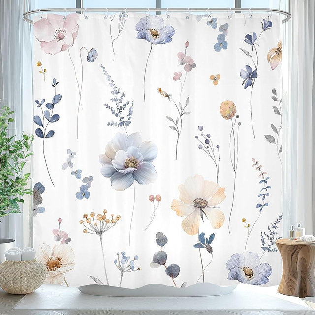 Omifly Watercolor Floral Shower Curtain,Spring Blue Beige Flower Print Bathroom Curtain,Boho Shower Curtains for Bathroom,Waterproof Fabric Washable Shower Curtain Set with 12 Plastic Hooks, 72x72