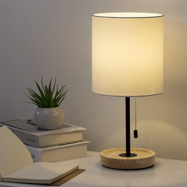 HAITRAL Wooden Table Lamp - Nightstand Desk Lamp with White Shade, Pull Chain Switch Bedside Lamp for Bedroom, Living Room, Kid Room, Dorm, Farmhouse, Home Office- White/Wooden