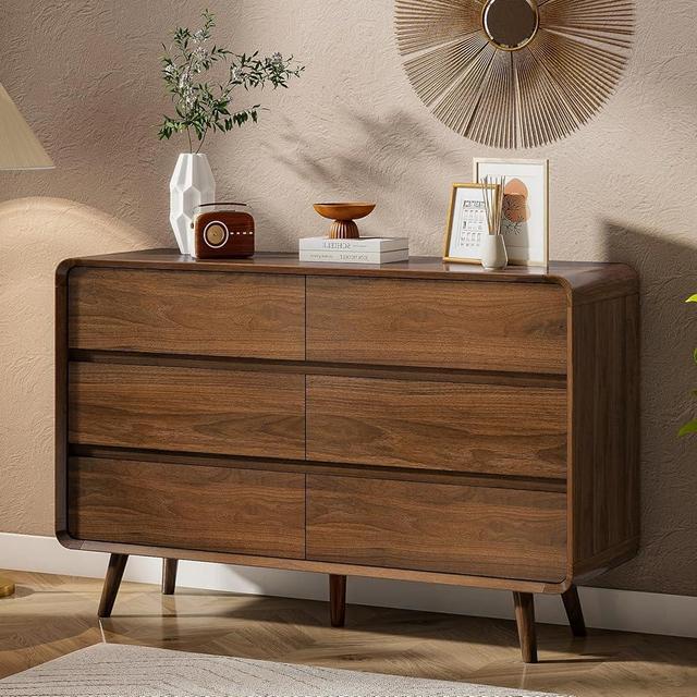 Nasonet Mid Century Modern Dresser for Bedroom, 47'' Wide Dressers & Chests of Drawers with 6 Storage Drawers, Dark Walnut Dresser Wood TV Stand for Living Room, Closet