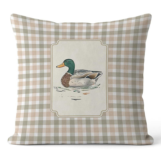 FGFK Farmhouse Mallard Duck Pillow Covers 18x18, Mallard Duck Nursery Decor, Green and Beige Plaid Farm Animal Decorative Throw Pillow Covers for Kids Room Home Bedroom Sofa Couch