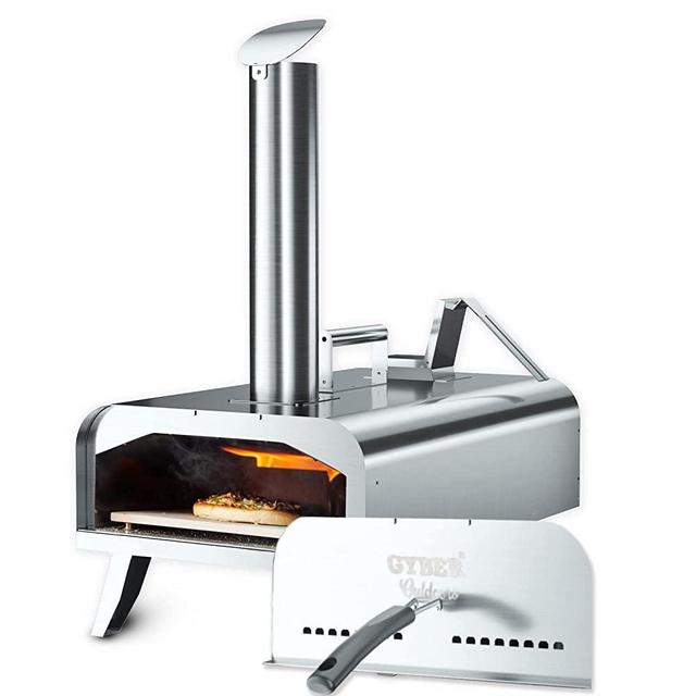 GYBER HENSON Portable Outdoor Pizza Oven – Stainless Steel Wood Pellets Backyard Pizza Grill with 12- inch Pizza Stone Foldable Legs Wood Fired Pizza Maker for Garden Patio