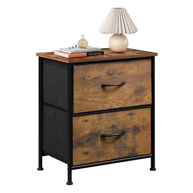 WLIVE Nightstand with 2 Fabric Drawers，Bedside Furniture & End Table Dresser for Bedroom, Living Room, Steel Frame, Wood Top, Easy Pull Handle, Rustic Brown