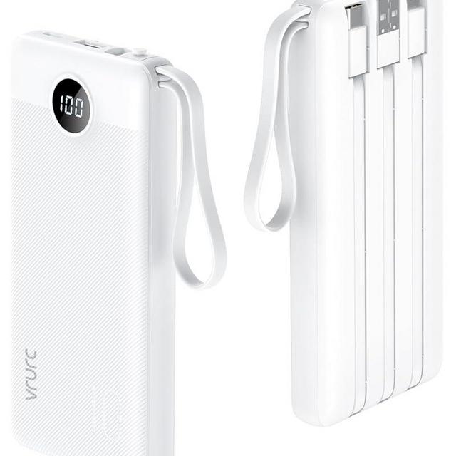 VRURC Portable Charger 10000mAh, Slim LED Display Power Bank, 5 Output 2 Input Cell Phone Battery Pack, Built-in Micro & USB C Cables Compatible with iPhone,Samsung,Android-White(1 Pack)