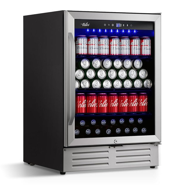 Velivi 24'' Beverage Refrigerator Cooler,168 Cans Beverage and Beer Fridge with Glass Door, Built-in/Freestanding Drink Fridge for Kitchen, Bar or Office, Stainless Steel Silver