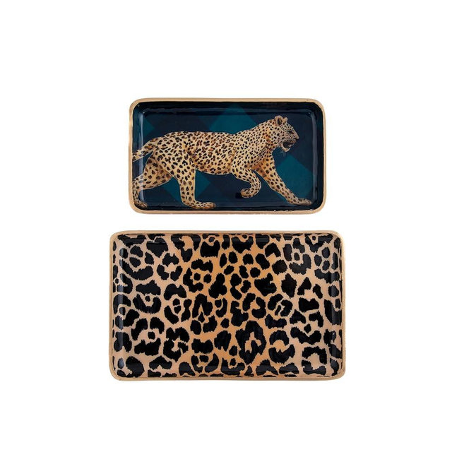 Jaye’s Studio Enameled Plaid Rowan Gold Decorative Tray Set, Vanity Trays, Catch All Trays Mens Valet Tray Decorative Trays for Coffee Table, Bathroom, Dresser, Leopard Desk Accessories Gift, Set of 2