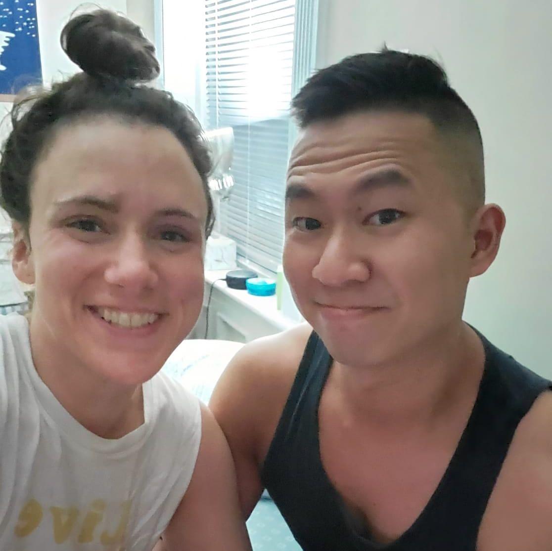 Our first picture together, after Becca got her sunflower tattoo in 2021 on her left ribcage