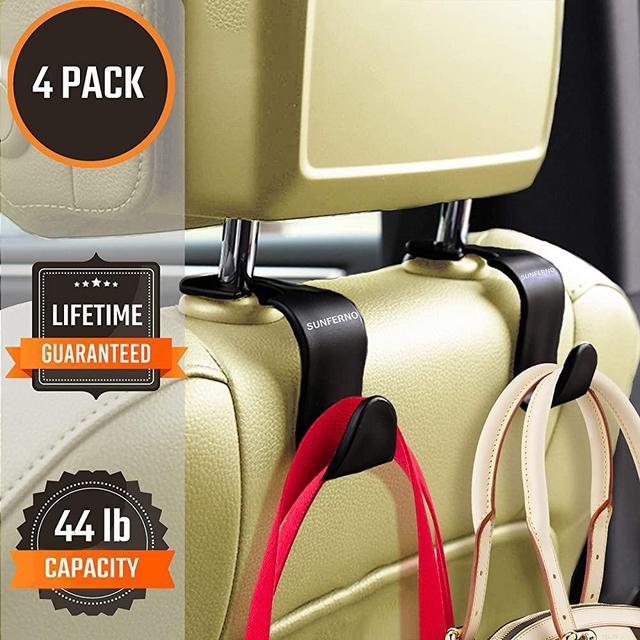 Sunferno Car Headrest Hooks 4 Pack - Exceptionally Stylish Back Seat Hanger for Your Purse, Grocery Bags, Handbag to Keep Them from Sliding Around While Driving - Car Seat Organizer Accessory - Black