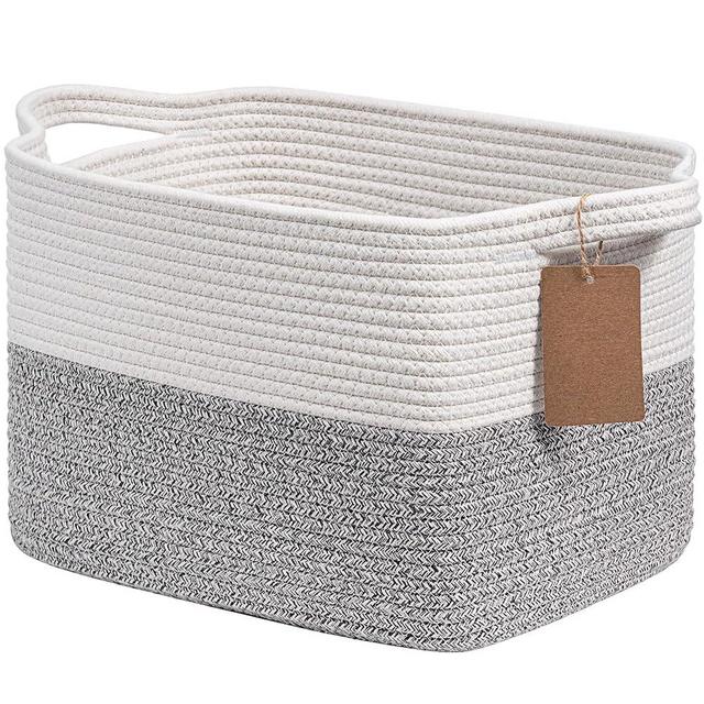 Goodpick Woven Storage Basket, Small Laundry Basket for Clothes, Towels and Shoes, Rope Square Gift Organizer with Handles, Gray and White, 13 x 10 x 9 Inches