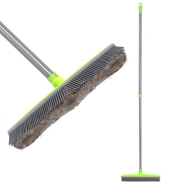 LandHope Push Broom Long Handle Rubber Bristles Sweeper Squeegee Edge 54 inches Non Scratch Bristle Broom for Pet Cat Dog Hair Carpet Hardwood Tile Windows Clean Water Resistant (Grey)