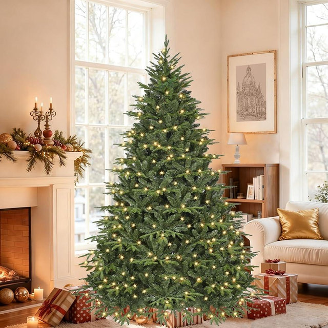 Mayhihi 6.5ft Prelit Artificial Christmas Tree with 2368 PE PVC Tips, Premium Pre-Lit Holiday Xmas Tree with 300 UL Incandescent Lights, Metal Hinges & Foldable Base for Home Office Party, Green