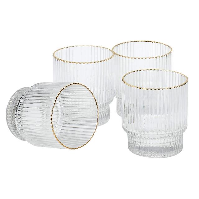 Denmark Tools for Cooks Glass Drinkware Collection- Low Boy Tumblers Set Water Bar Whisky, 4 Pack of 12 Ounce Gold Rimmed Drinking Glasses