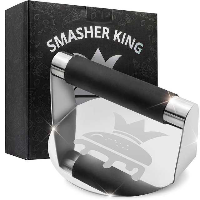 SMASHER KING™ - Mirror Polished Stainless Steel Smash Burger Press - Hamburger Smasher Tool for Griddle Cooking - Heat Resistant Handle Grill Press and Meat Weight - Burger Patty Maker for Perfection