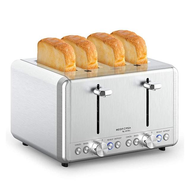 4 Slice Toaster, whall Stainless Steel,Bagel Toaster - 6 Bread Shade Settings,Bagel/Defrost/Reheat/Cancel Function with Dual Control Panels,4 Extra Wide Slots,Removable Crumb Tray,for Various Bread Types (1500W,Sliver)