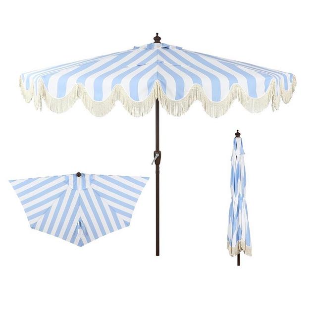 JONATHAN Y Half Umbrella UMB1201C Beverly 9 ft. Designer Classic Scalloped Fringe Market Patio with Crank, Push Button Tilt and UV Protection in Light Blue/White