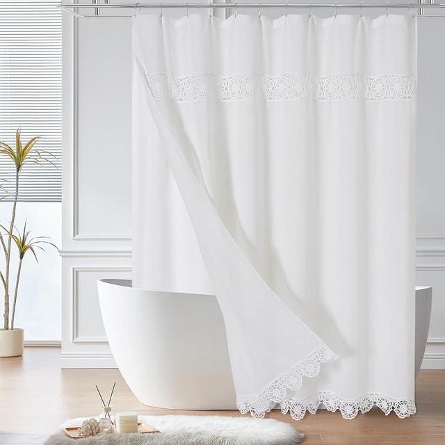 Gibelle Boho Farmhouse Shower Curtain Set, Linen Cotton Fabric Shower Curtain with Macrame Lace Decor, Modern Bohemian French Country Chic Bathroom Curtain with PEVA Liner 72x72 - White