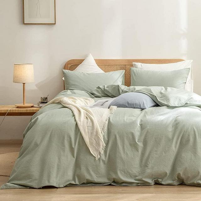BESTOUCH Duvet Cover Set 100% Washed Cotton Linen Feel Super Soft Comfortable Chic Lightweight 3 PCs Home Bedding Set Sage Green King
