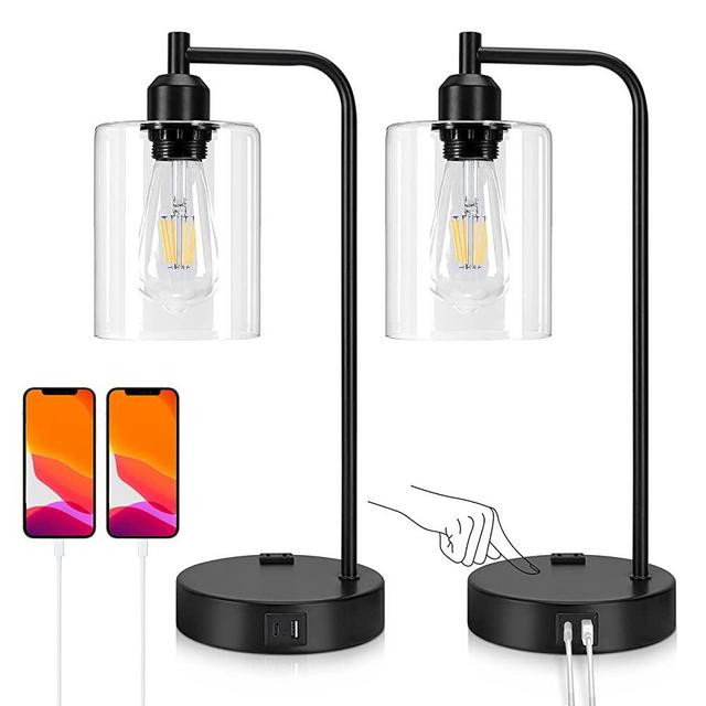 【Upgraded】Industrial Bedside Table Lamp Set of 2 - Yarra Decor 3-Way Dimmable Lamps for Bedroom Modern USB Nightstand Lamp with Glass Shade Reading Table Lamps for Dorm, Office (LED Bulb Included)