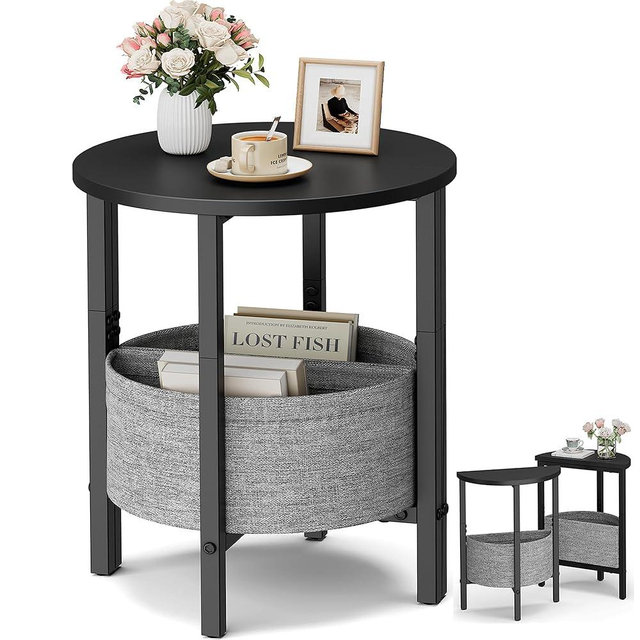 Vagusicc Side Table, Small Round End Table with Fabric Basket, Set of 2 Half Round Side Table Half Moon Tables, Modern Accent Coffee Tables, Sofa Table Nightstand for Living Room Bedroom Small Space