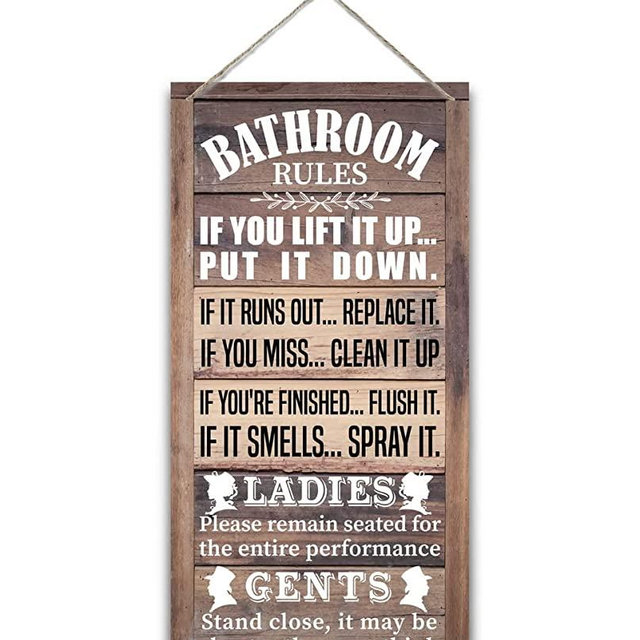 Hanging Bathroom Rules Wood Decor Sign, Rustic Toilet Wooden Signs, Printed Wood Wall Art Sign, Bathroom Door Rules Rustic Sign, Hanging Wood Sign Toilet Decor, Funny Farmhouse Toilet Wall Décor