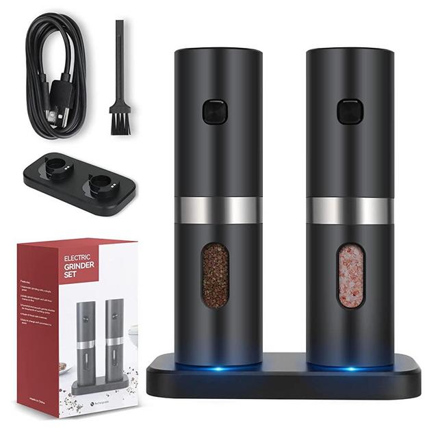 BONNIGHT Electric Salt and Pepper Grinder Set, Automatic Salt & Pepper Mill Refillable with Charging Base, USB Cables, 2 Adjustable Coarseness Mills, One Hand Operation, LED Light
