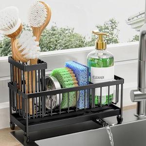 Cisily Sponge Holder for Kitchen Sink, Sink Caddy Organizer with High Brush Holder, Kitchen Countertop Organizers and Storage Essentials, Rustproof 304 Stainless Steel (Black, 9.25″)