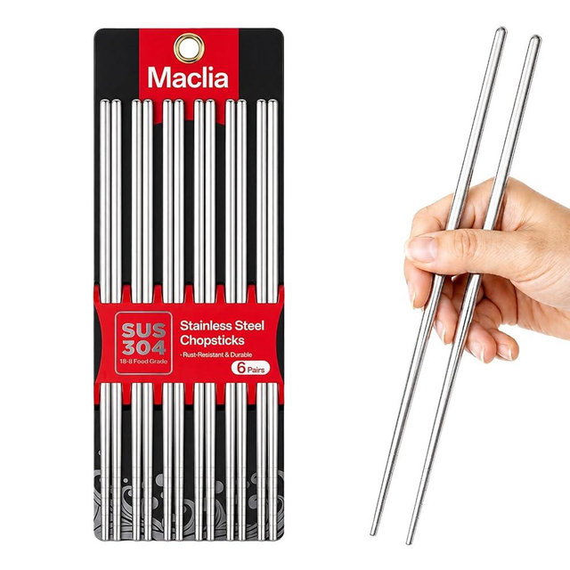 Maclia Metal Chopsticks 6 Pairs - Reusable 304 Stainless Steel Chopsticks Dishwasher Safe, Non-Slip Lightweight Chop Sticks, Korean Japanese Chinese Chop Sticks Gift Set (Silver)