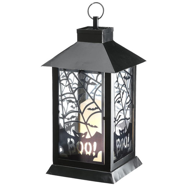 National Tree Company​ Halloween Lantern with LED Lights, Carved Images of Bats and Cobwebs, Halloween Collection, 16 inches