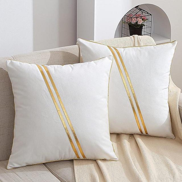 WACOMECO Set of 2 Gold Throw Pillow Covers - Soft Decorative Luxury Velvet Cushion Covers Pillow Cases with Gold Leather for Sofa Bedroom Livingroom Car, 18 x 18 in, White